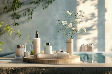 A tranquil and serene presentation of luxury cosmetics in a Zen-inspired setting