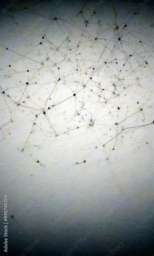 Poster a complex network of interconnected lines and dots, resembling a web or a network of interconnected nodes, against a light gray background