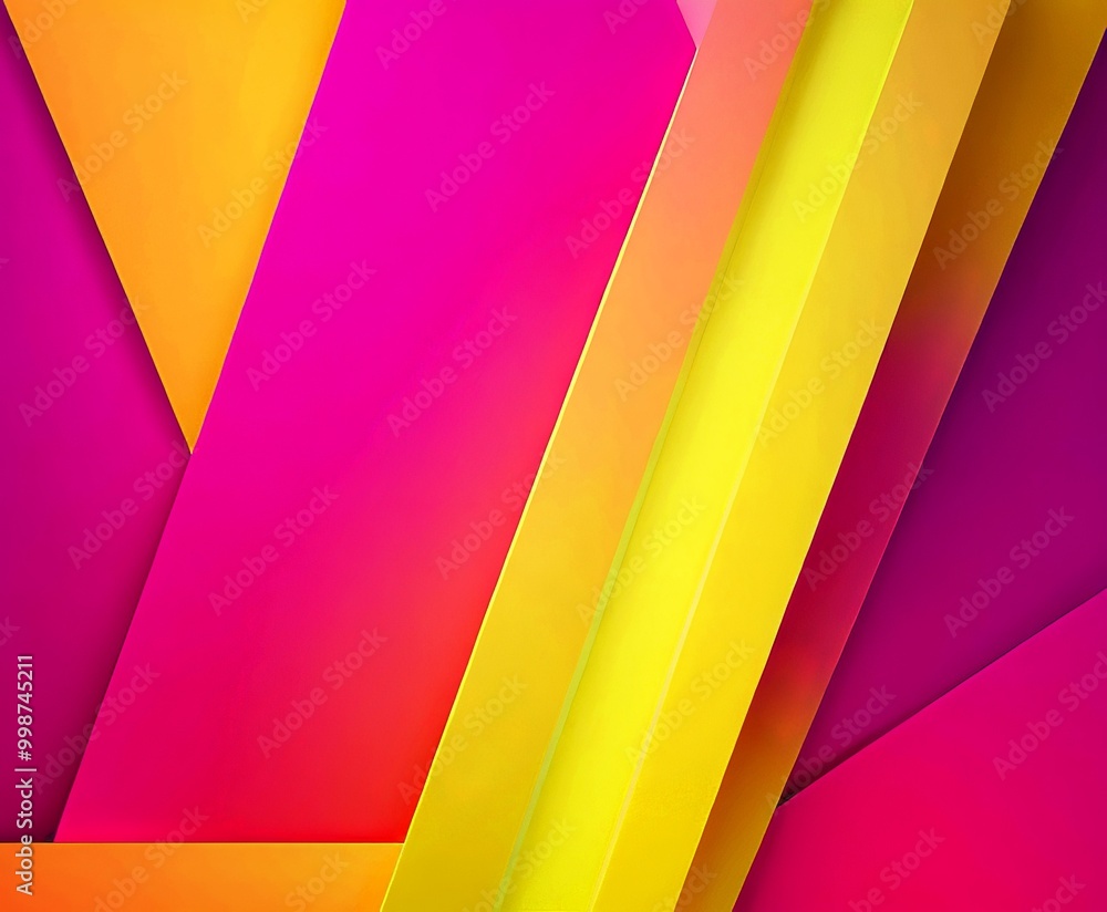 Poster a vibrant abstract composition of overlapping geometric shapes in a gradient of pink, orange, and ye