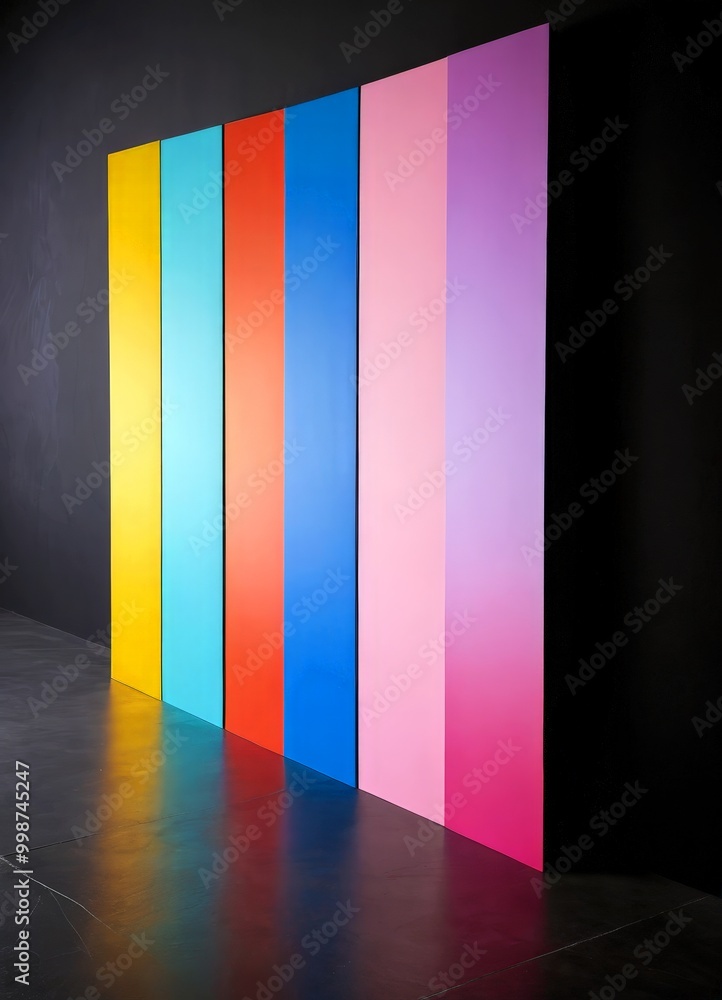 Poster a series of vertical panels in a gradient of colors, arranged in a vertical line against a black background