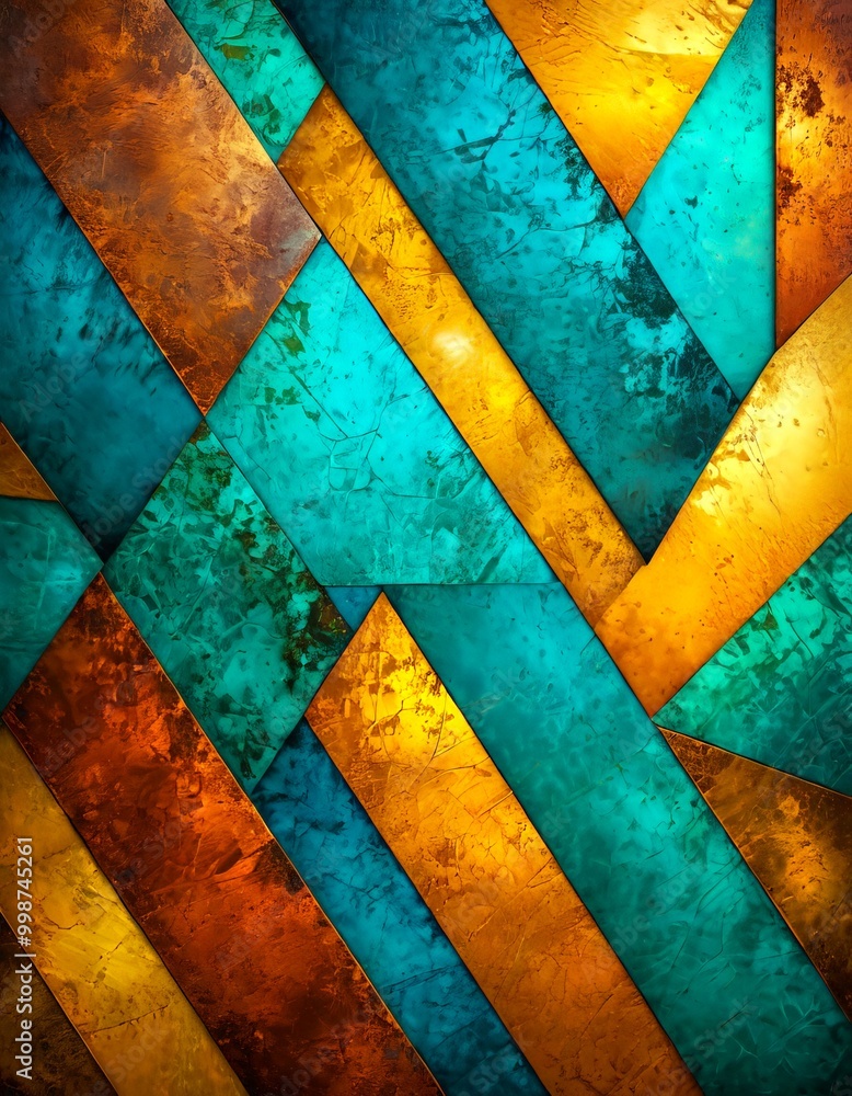 Aufkleber a vibrant abstract composition of intersecting diagonal lines in various shades of blue, green, orange, and brown, creating a dynamic and visually striking pattern