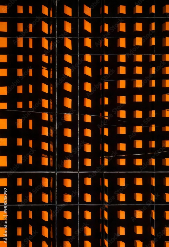 Poster a grid of orange squares with black outlines, creating a striking visual effect