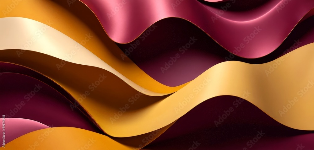 Poster a vibrant abstract composition of overlapping curved lines in various shades of yellow, orange, and maroon, creating a dynamic and visually striking pattern.