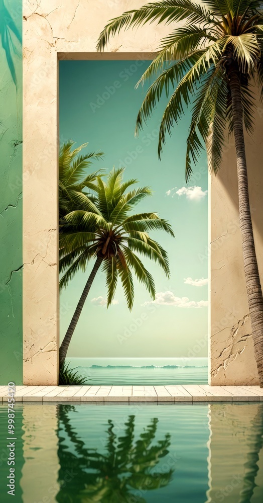 Aufkleber a serene tropical scene unfolds through a rectangular window, framed by two towering palm trees and 