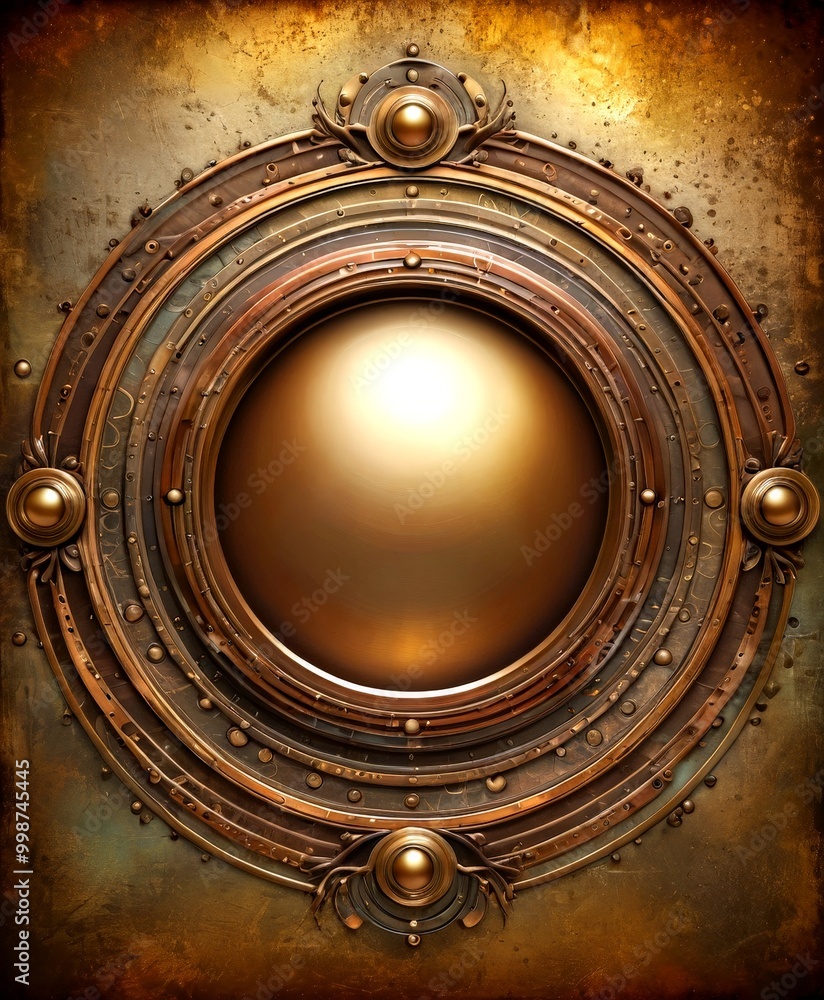 Poster a circular, ornate metal frame with a large, round, golden-colored object at its center The frame is adorned with intricate designs and patterns, creating a visually striking