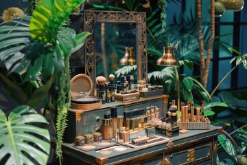 An adventurous, safari-themed makeup display with luxury products