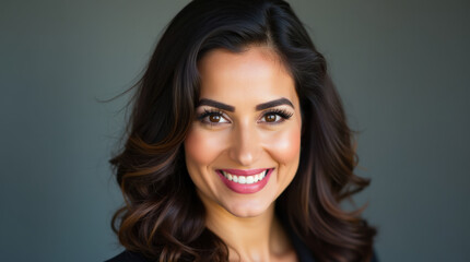 Naklejka premium Vibrant Professional Business Portrait of Confident Woman in Corporate and Leadership Role | Smiling, Empowered, and Successful Female Executive in Office Setting