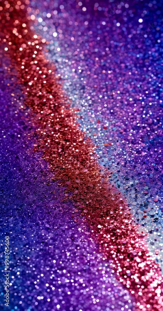 Poster a close-up view of a glittery surface with a vibrant gradient of colors, featuring red, purple, and 