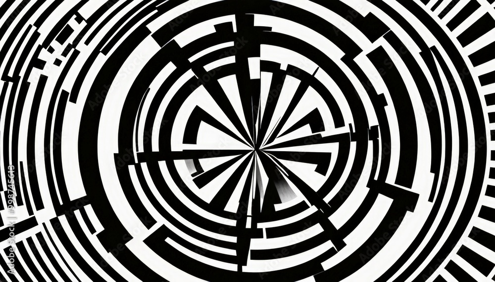Fototapete a black and white abstract pattern composed of concentric circles and lines, creating a visually striking and symmetrical design