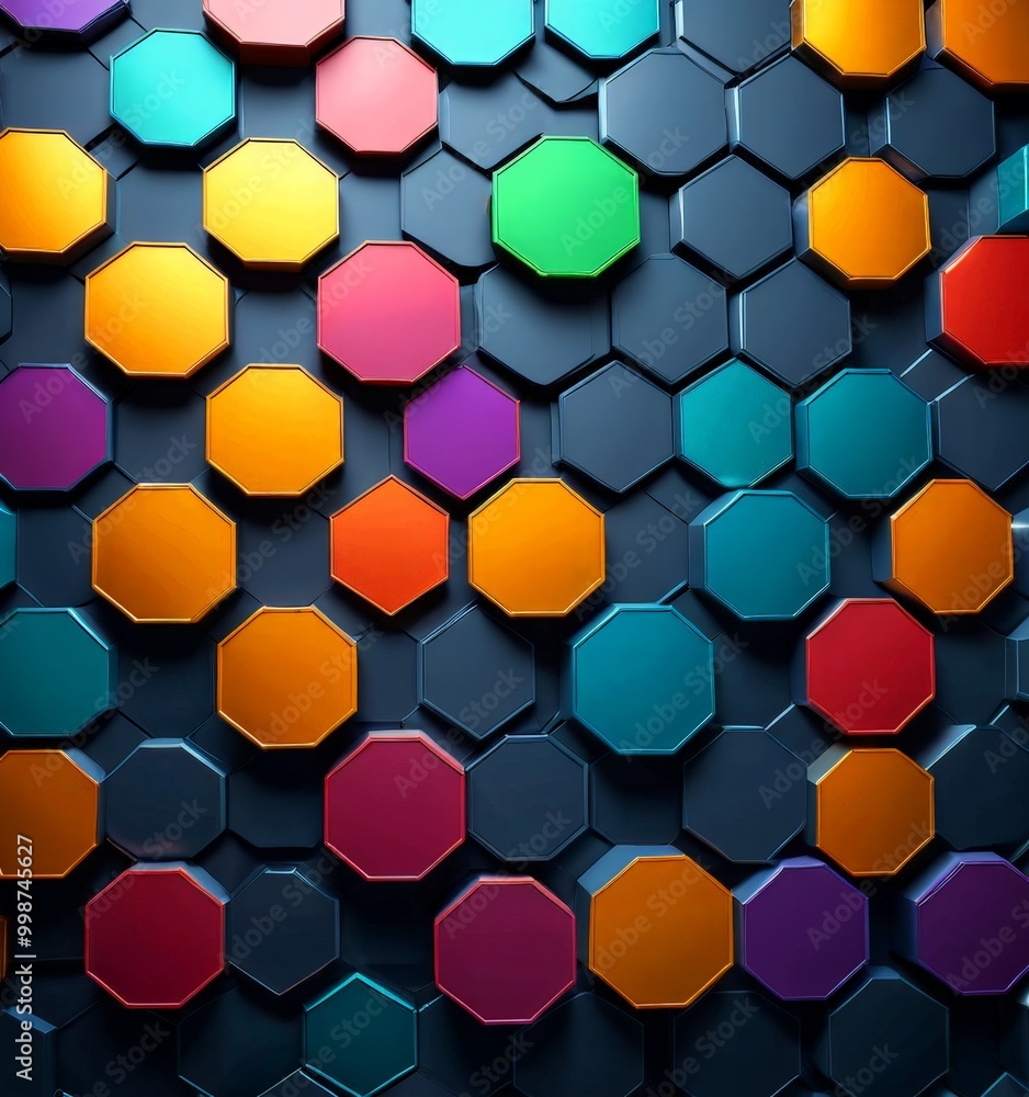 Poster a vibrant array of hexagonal shapes in various colors, including red, orange, yellow, green, blue, a