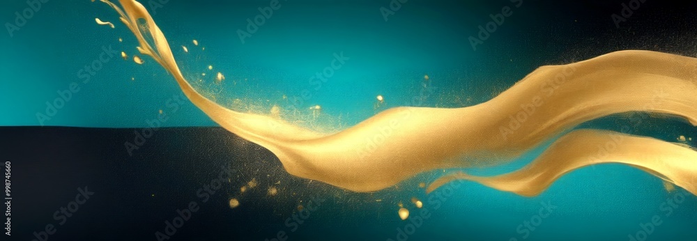 Poster a dynamic scene of golden liquid flowing and splashing against a dark blue background, creating a sense of movement and energy