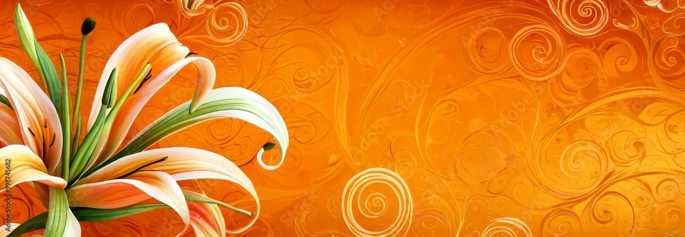 Poster a close-up lily flower with long, slender petals and green leaves is set against a vibrant orange ba
