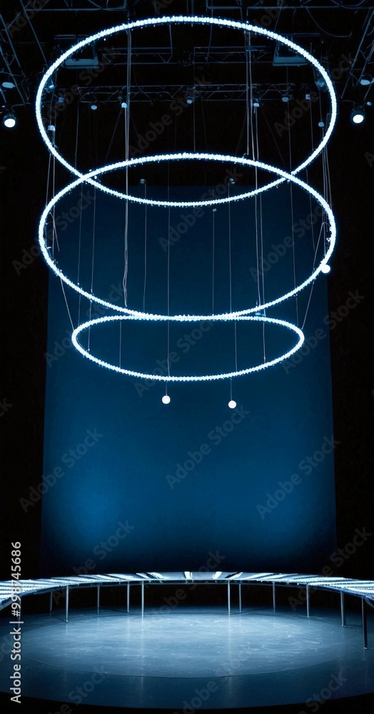 Poster a circular stage with a series of white lights suspended from the ceiling, creating a dramatic and i