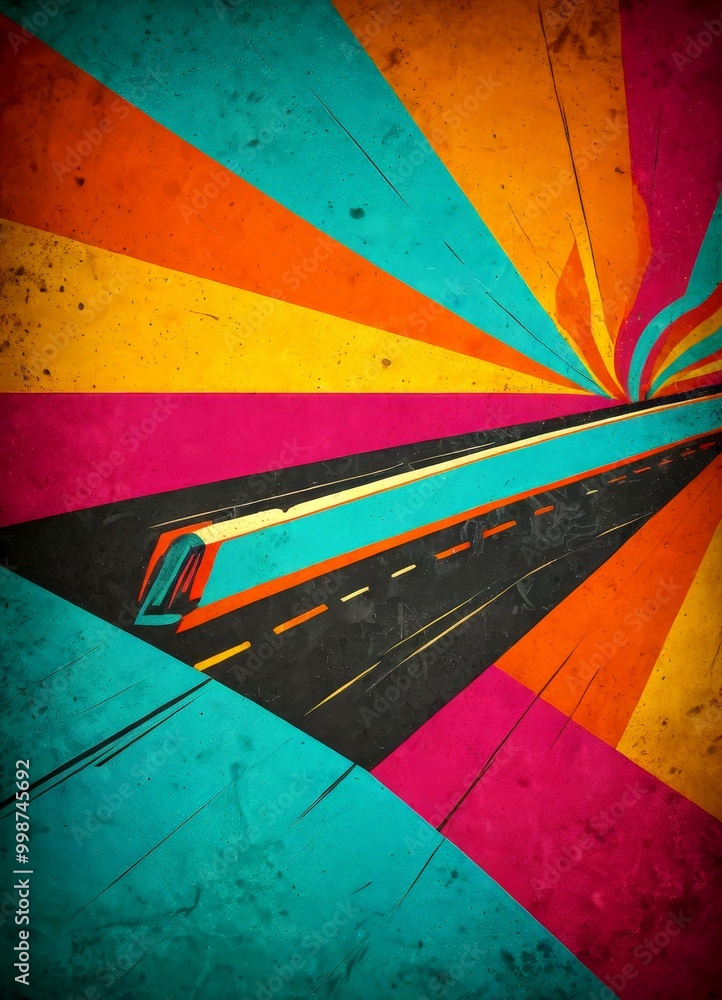 Aufkleber a stylized abstract representation train on a track, set against a vibrant, colorful background with