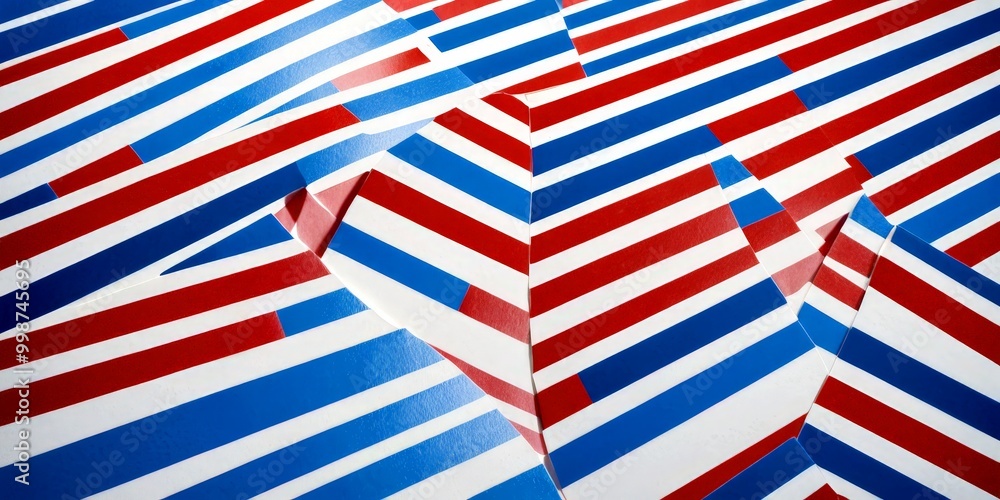 Poster a close-up view of a pattern composed of intersecting diagonal lines in red, white, and blue, creating a visually striking and abstract design.