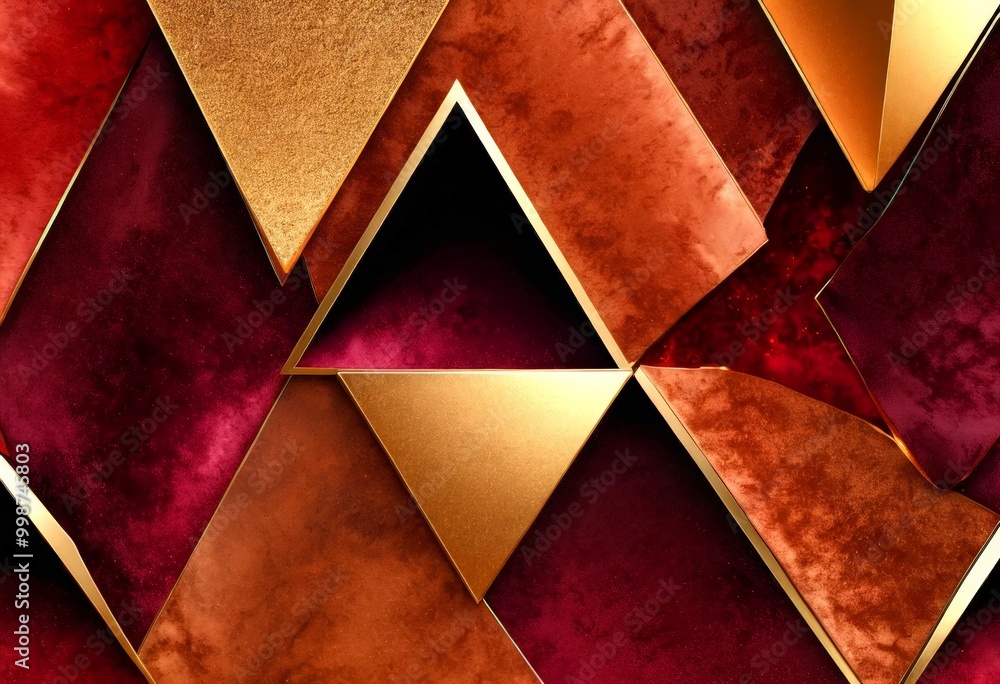 Aufkleber a geometric pattern composed of overlapping triangles in various shades of red, gold, and brown, creating a visually striking and abstract design