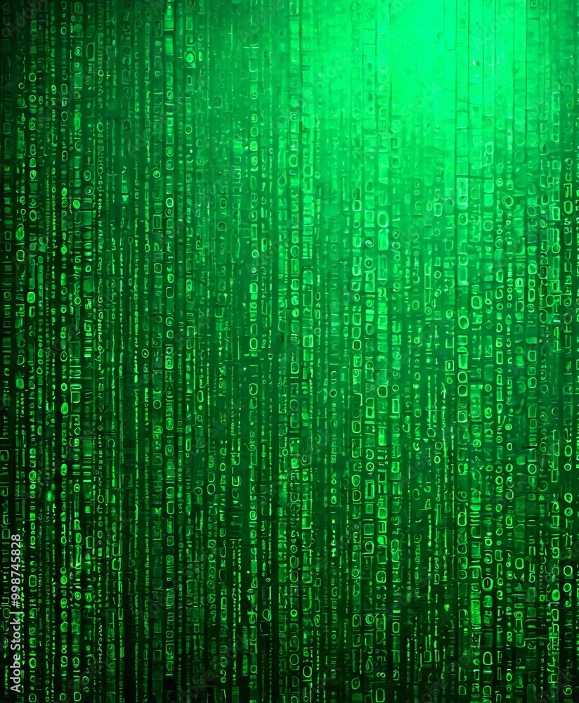 Poster a digital illustration computer screen with a green background and a repeating pattern of binary code