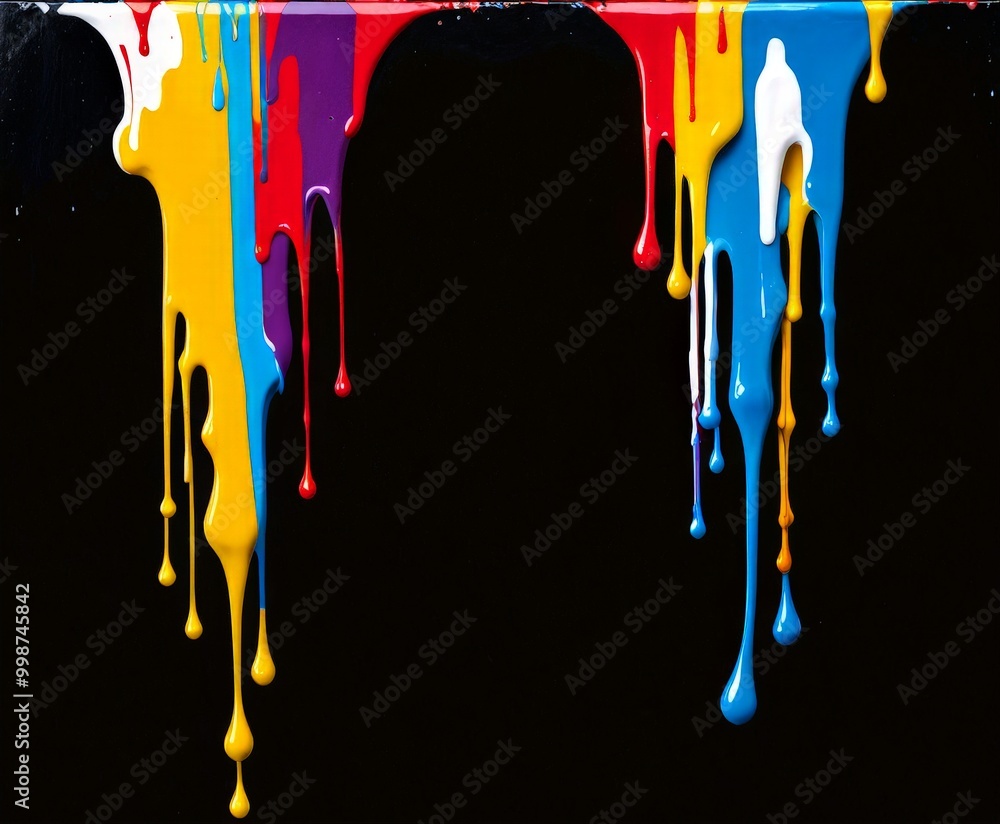 Aufkleber Vibrant paint drips in a diagonal pattern against a black background, creating a dynamic and visually striking composition.