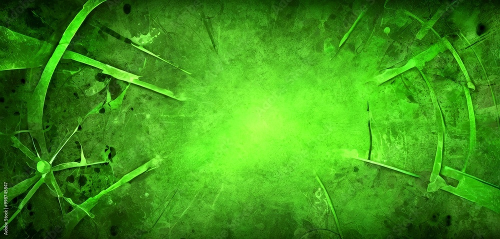 Poster a dark green abstract background with a central bright green area, surrounded by various curved and 
