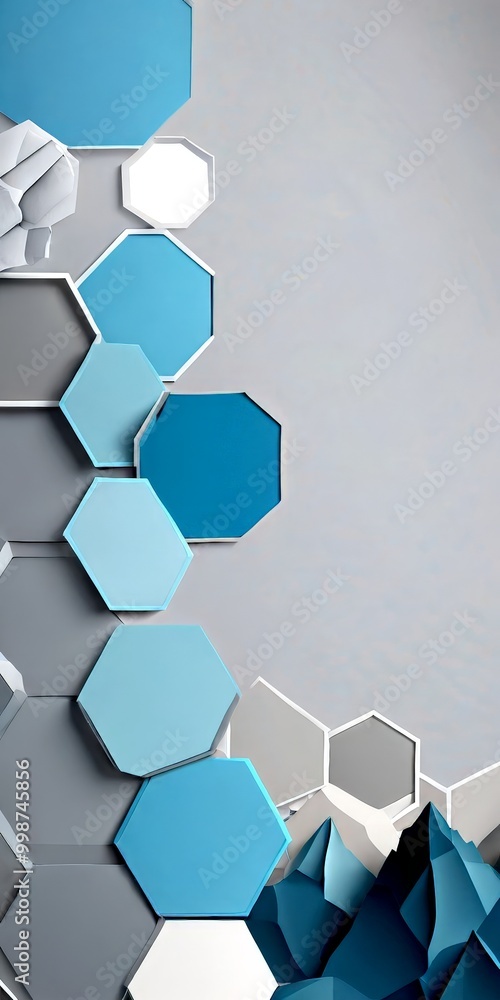 Fototapete a geometric pattern composed of various shades of blue hexagons arranged in a vertical line, with a gray background and a small white hexagon at the top right corner