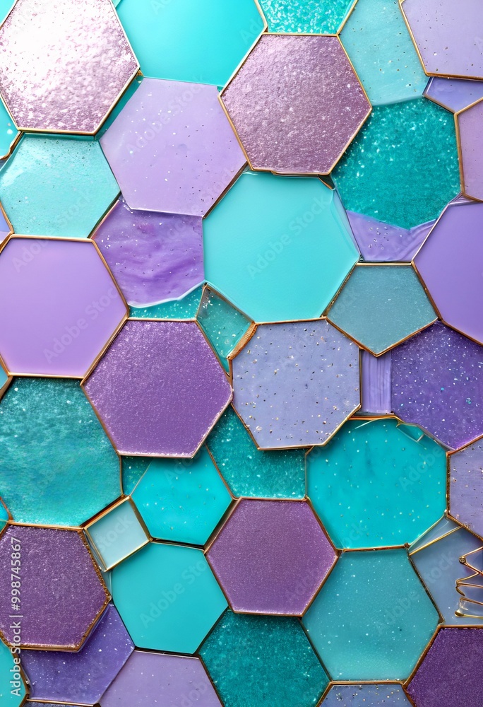 Poster A close-up view mosaic composed of various shades of purple, turquoise, and gold hexagonal tiles arranged in a grid-like pattern