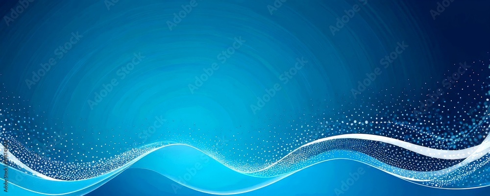 Poster a serene, abstract ocean scene with a gradient of blue hues, white waves, and scattered white dots, 
