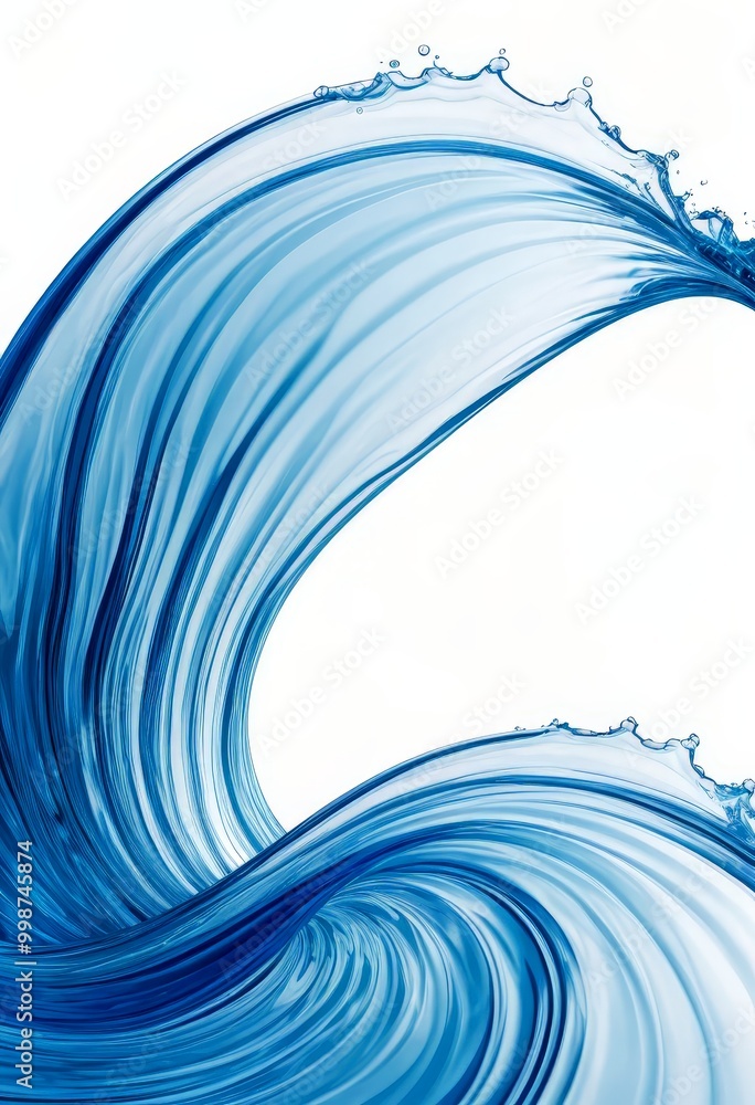Poster a dynamic, swirling wave of blue water, with the wave's crest curving gracefully to the right and th