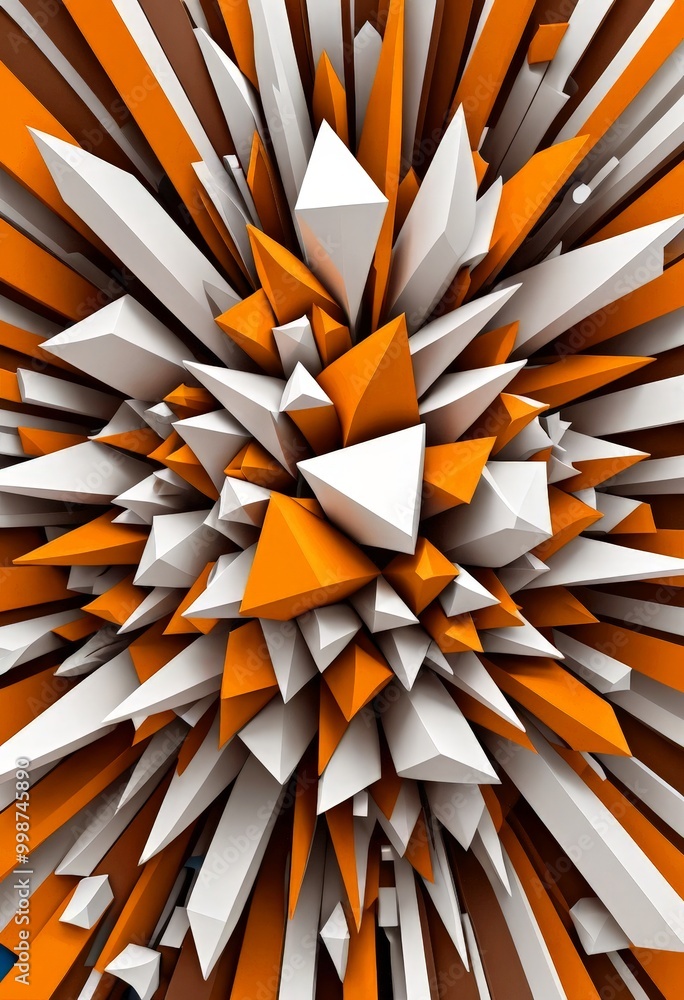 Poster a geometric explosion composed of numerous white and orange triangular shapes, creating a visually striking and dynamic composition