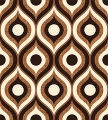 Retro midcentury textured brown ogee oval Vector pattern. Retro 70s ogee and circles geometrics brown, black and cream fabric texture.