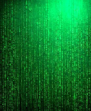 a digital illustration computer screen with a green background and a repeating pattern of binary code