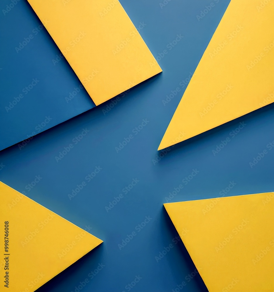 Poster a geometric composition featuring a blue background with yellow triangles arranged in a diagonal pattern.
