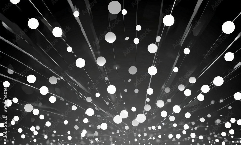 Poster a black and white abstract composition of numerous white dots arranged in a radial pattern, creating a sense of movement and energy