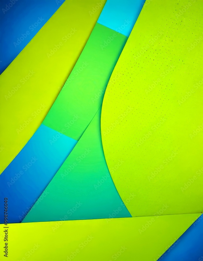 Poster a vibrant abstract composition of overlapping green and blue shapes, creating a dynamic and visually striking pattern