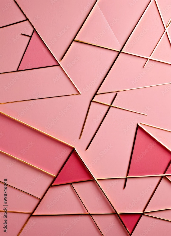 Poster a geometric pattern composed of intersecting lines and triangles in shades of pink and gold, creating a visually striking and abstract design