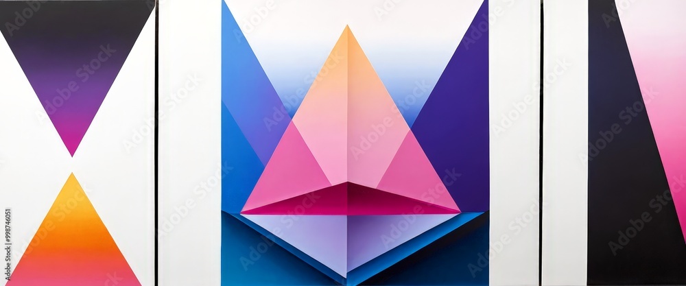 Poster a triptych featuring a geometric composition of three distinct triangular shapes in various colors and orientations