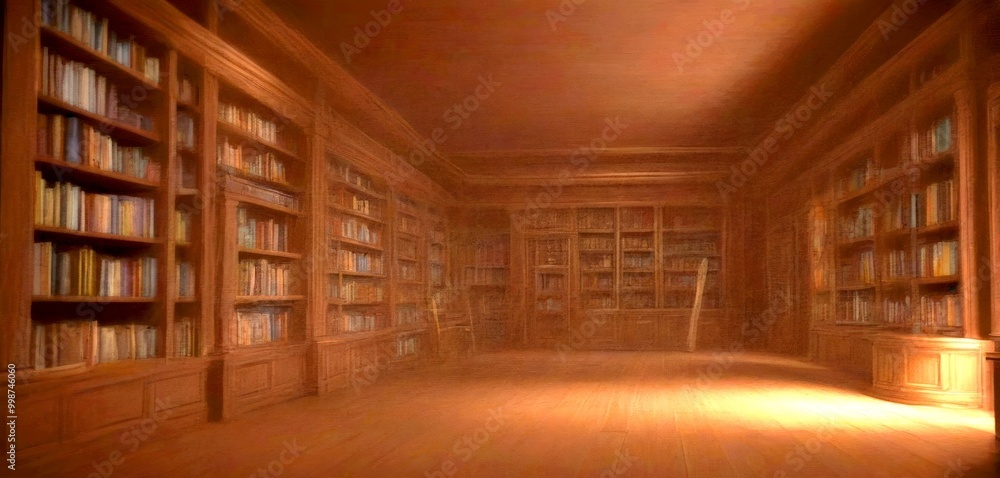 Poster a dimly lit library with tall bookshelves lining the walls, creating a sense of depth and space the 