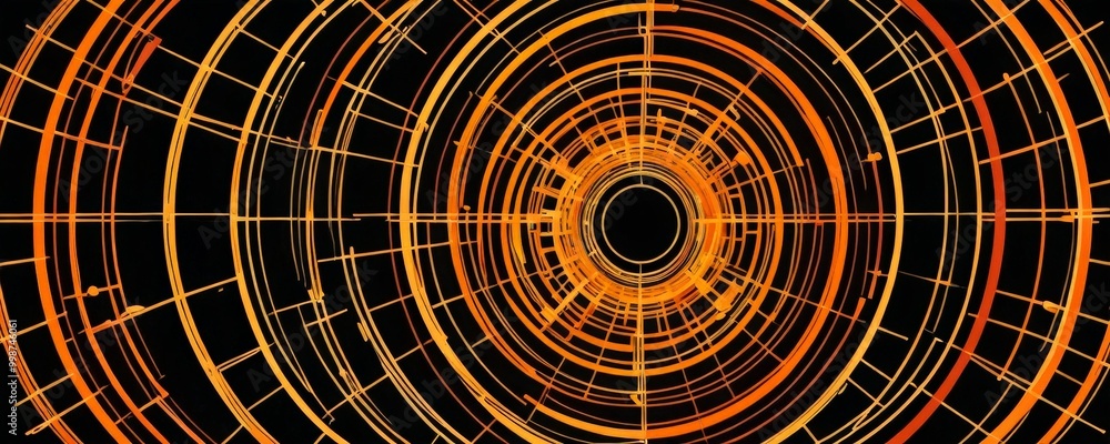 Leinwandbilder a captivating abstract pattern featuring concentric circles of varying sizes, with a central black circle surrounded by a vibrant array of orange and