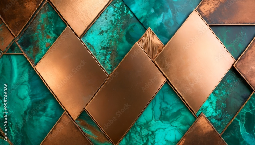 Poster a close-up view textured surface composed of overlapping diamond-shaped panels in varying shades of green and brown, creating a visually striking pattern
