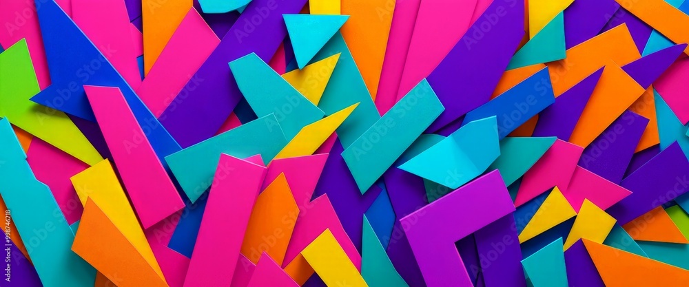 Poster a vibrant abstract composition of overlapping geometric shapes in a variety of bright colors, includ
