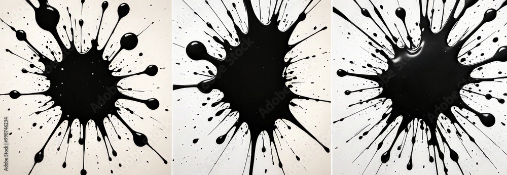 Poster Three identical black splatter paintings, each with a unique pattern of splashes and drips, are arranged in a row against a white background