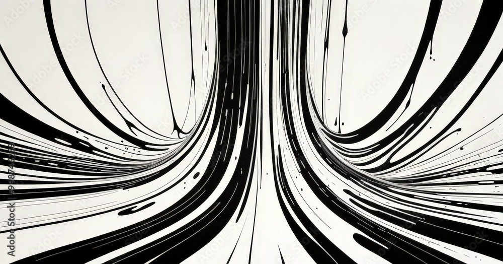 Poster a black and white abstract composition featuring a central vertical line with radiating lines extending outwards in a dynamic, swirling pattern