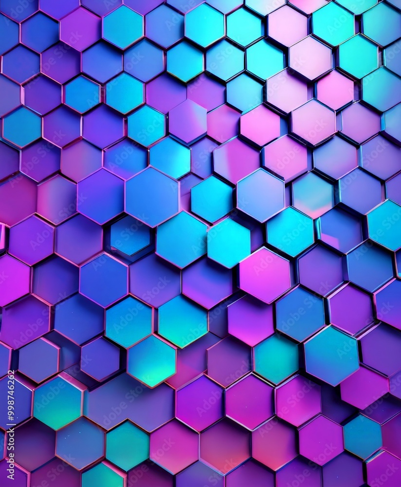 Aufkleber a repeating pattern of hexagonal shapes in various shades of blue, purple, and pink, creating a visu