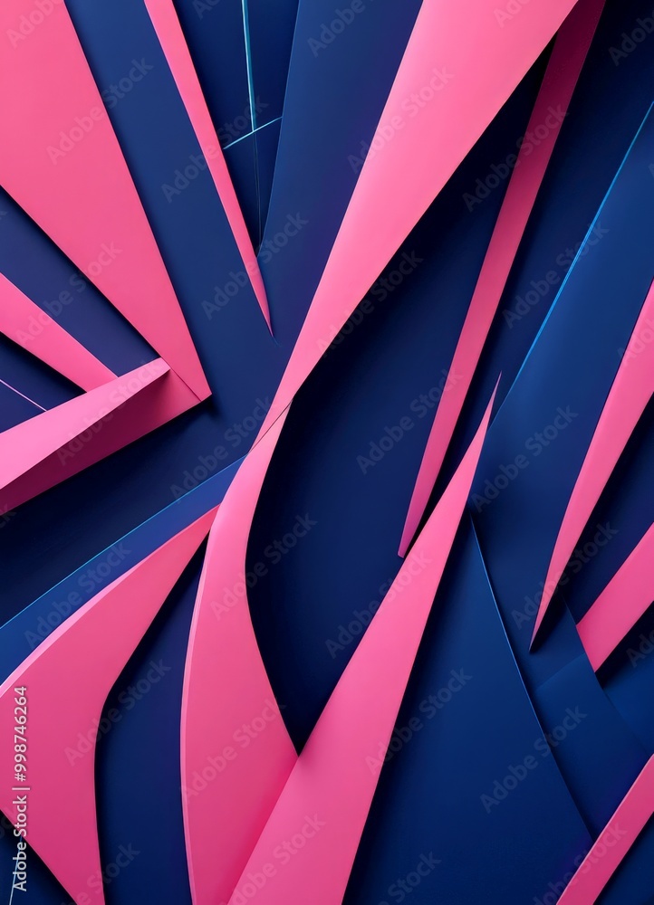 Poster a complex arrangement of intersecting lines and shapes in shades of pink and blue, creating a visually striking abstract composition