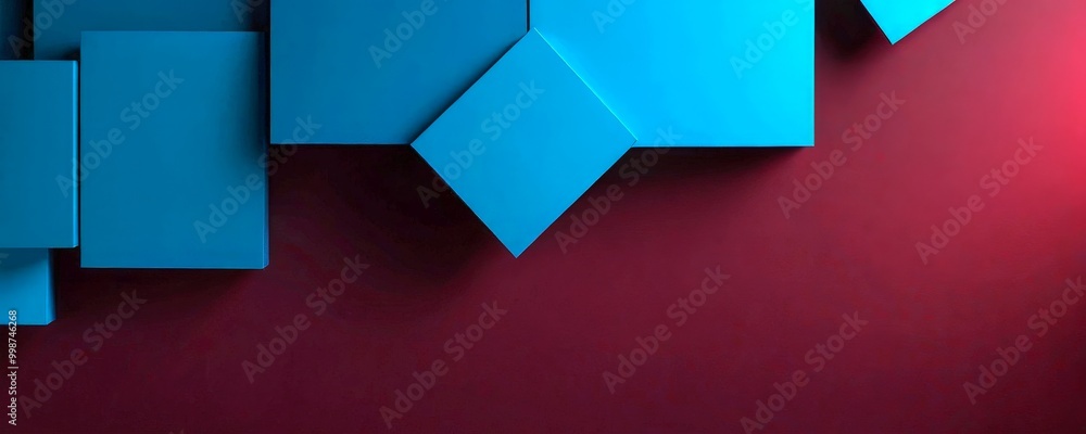 Poster a geometric pattern composed of blue and red cubes, creating a visually striking contrast against a maroon background
