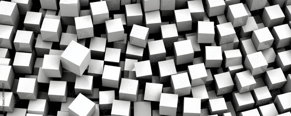 Poster A black and white densely packed arrangement of white cubes, creating a visually striking and abstract pattern