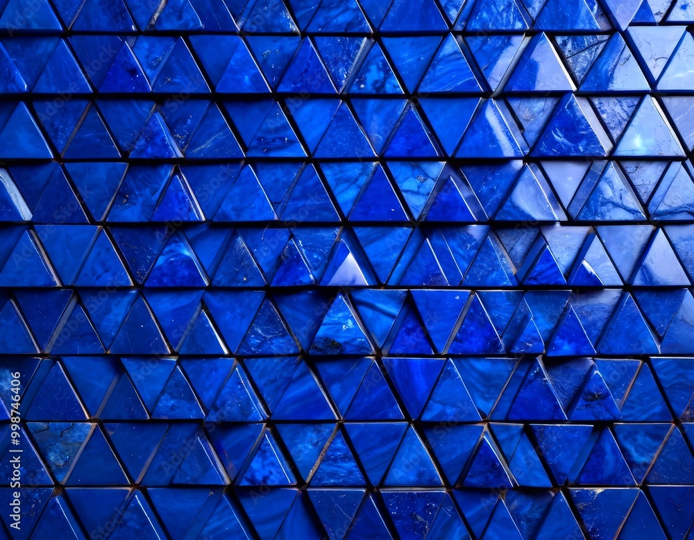 Poster a close-up view blue mosaic composed of numerous triangular tiles arranged in a grid-like pattern