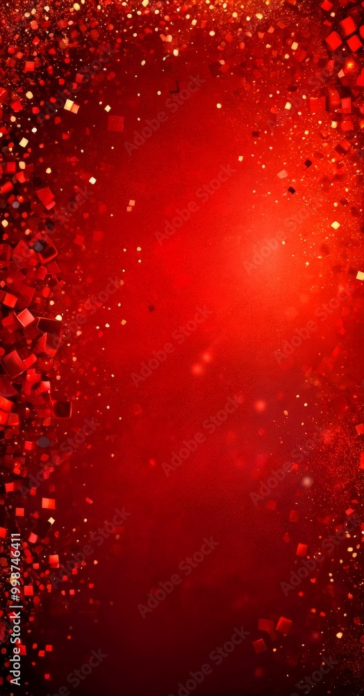 Poster a vibrant red background with scattered golden glitter and small red squares, creating a festive and celebratory atmosphere