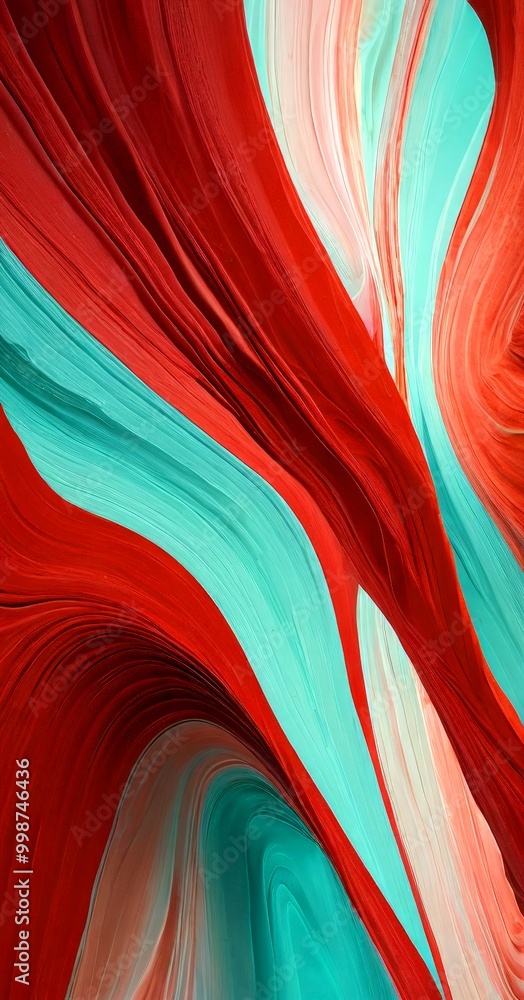 Poster a vibrant abstract pattern composed of overlapping curved lines in red, blue, and green, creating a dynamic and visually striking composition