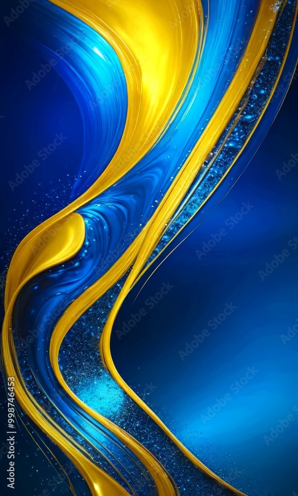 Poster a striking abstract composition of blue and gold hues, with a central wave-like shape and a gradient effect transitioning from blue to gold The background is a deep blue,