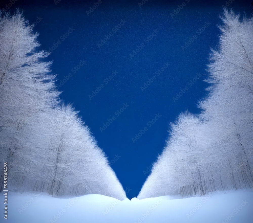 Poster a snowy forest path with tall trees on either side, set against a deep blue sky